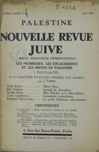 Palestine, nouvelle revue juive Vol. 5 n° 4 (juin 1930)